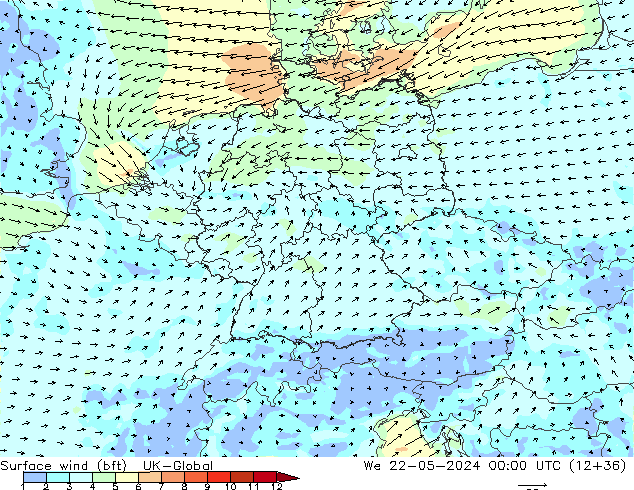Rüzgar 10 m (bft) UK-Global Çar 22.05.2024 00 UTC