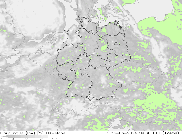 Cloud cover (low) UK-Global Th 23.05.2024 09 UTC