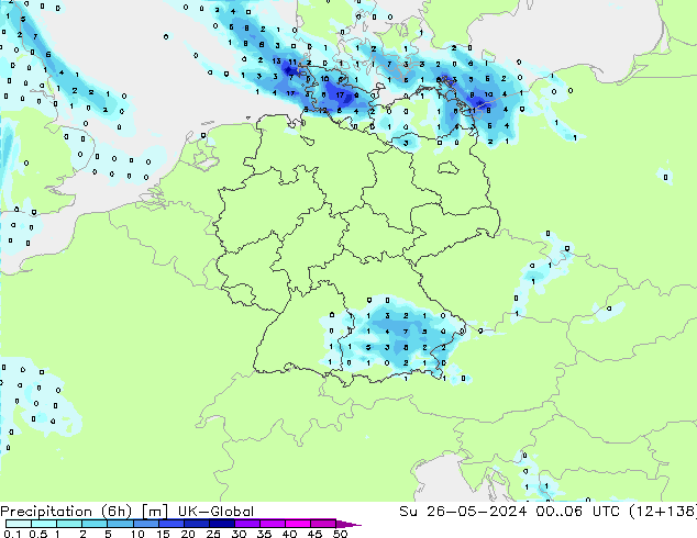 Precipitation (6h) UK-Global Su 26.05.2024 06 UTC