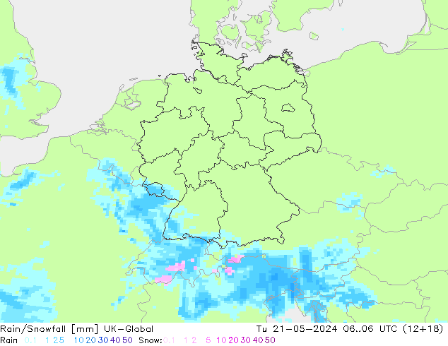 Rain/Snowfall UK-Global Tu 21.05.2024 06 UTC