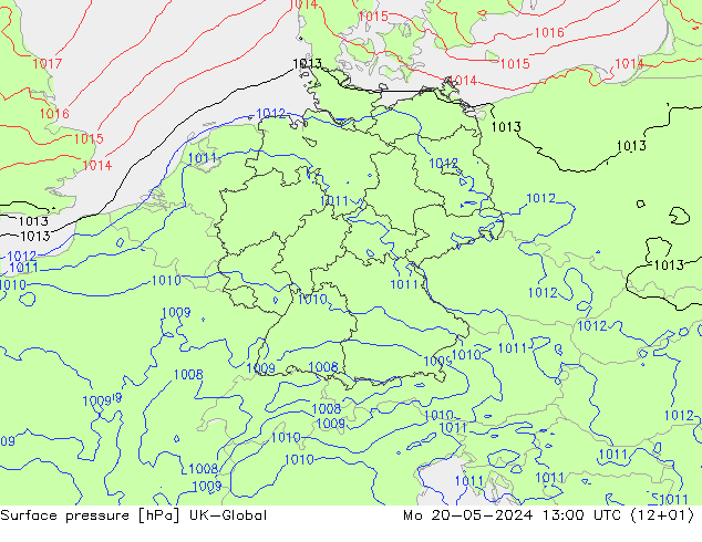 Surface pressure UK-Global Mo 20.05.2024 13 UTC