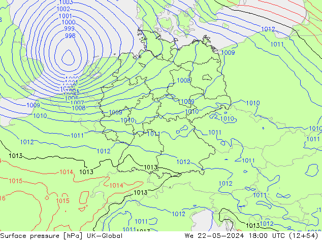 Pressione al suolo UK-Global mer 22.05.2024 18 UTC