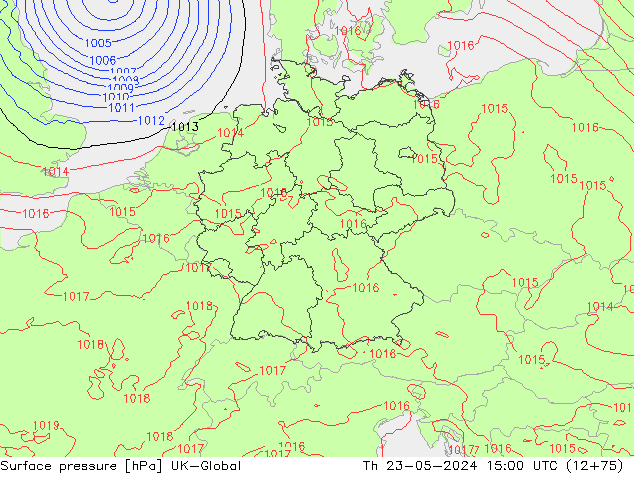 Pressione al suolo UK-Global gio 23.05.2024 15 UTC