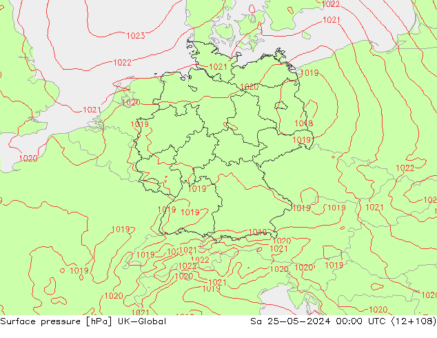 Pressione al suolo UK-Global sab 25.05.2024 00 UTC