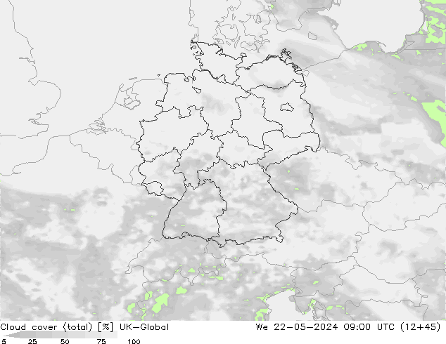 Cloud cover (total) UK-Global We 22.05.2024 09 UTC