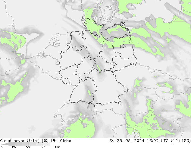 Bewolking (Totaal) UK-Global zo 26.05.2024 18 UTC