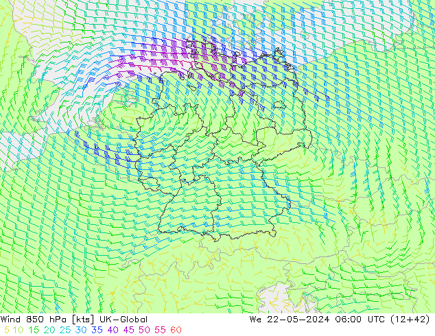 Wind 850 hPa UK-Global wo 22.05.2024 06 UTC