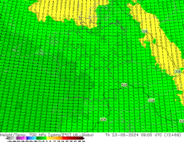 Height/Temp. 700 hPa UK-Global Th 23.05.2024 09 UTC