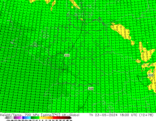 Height/Temp. 700 hPa UK-Global Th 23.05.2024 18 UTC