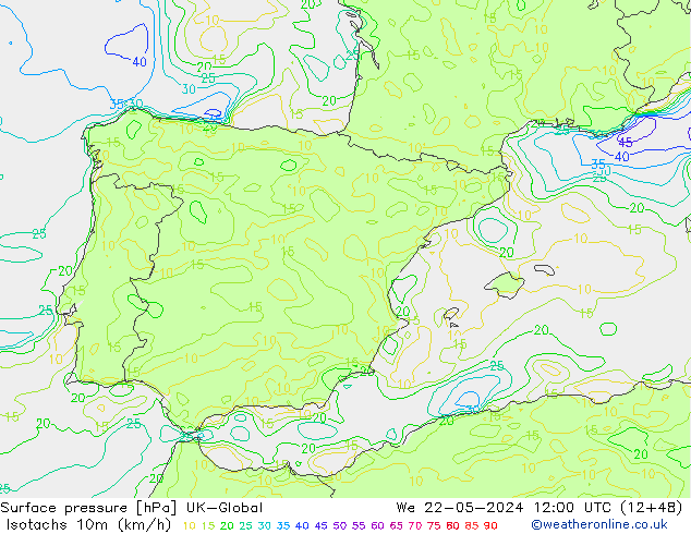 Isotachen (km/h) UK-Global wo 22.05.2024 12 UTC