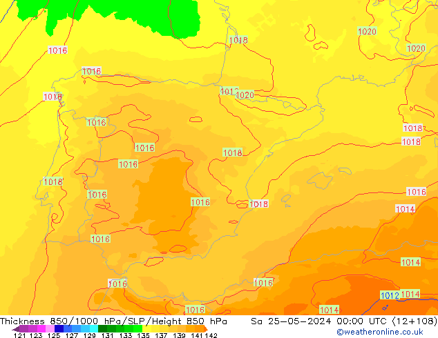 Espesor 850-1000 hPa UK-Global sáb 25.05.2024 00 UTC