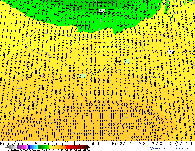 Height/Temp. 700 hPa UK-Global  27.05.2024 00 UTC