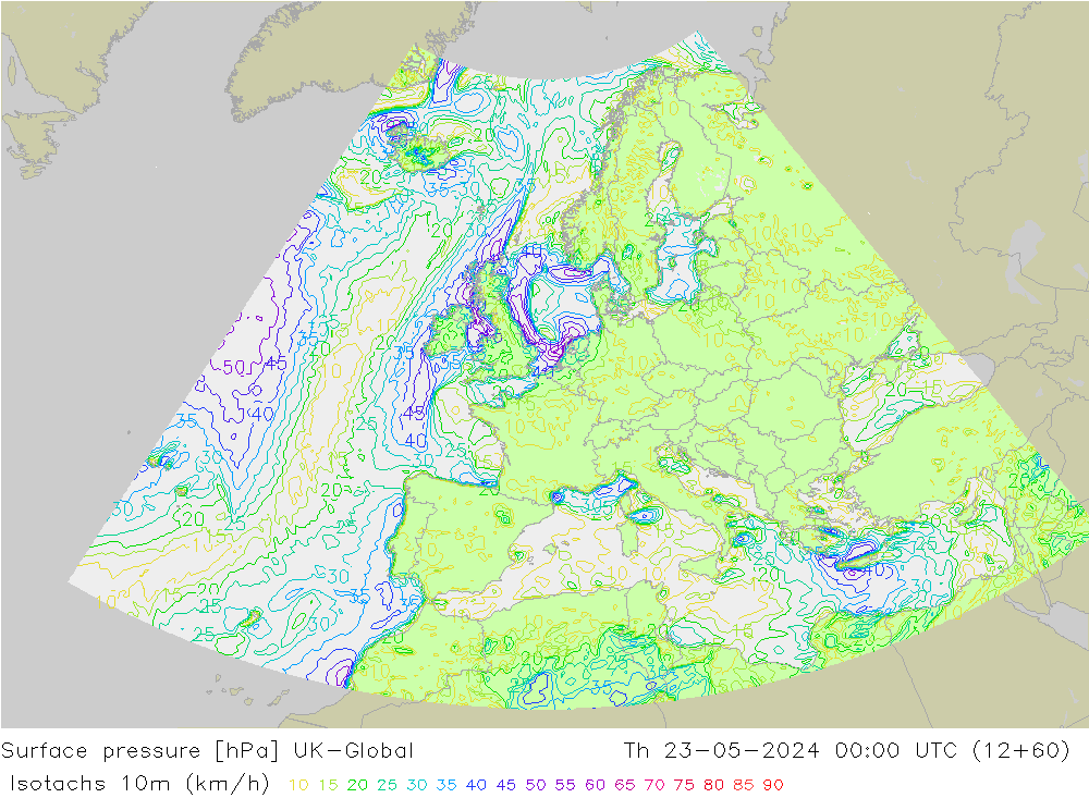 Isotachs (kph) UK-Global gio 23.05.2024 00 UTC