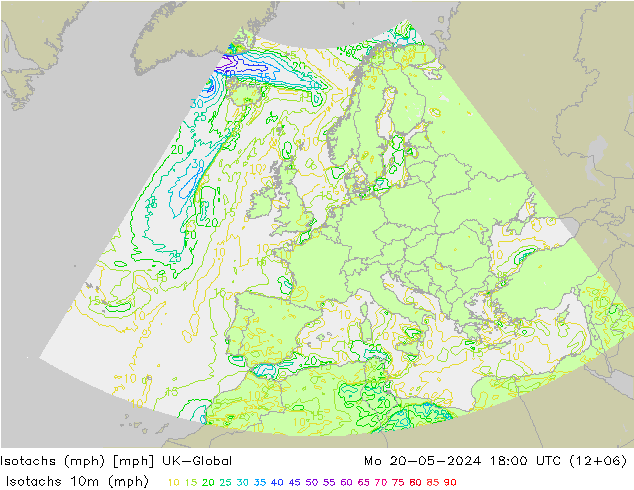 Isotachs (mph) UK-Global пн 20.05.2024 18 UTC