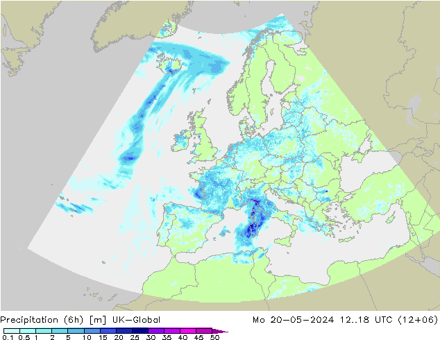 Totale neerslag (6h) UK-Global ma 20.05.2024 18 UTC