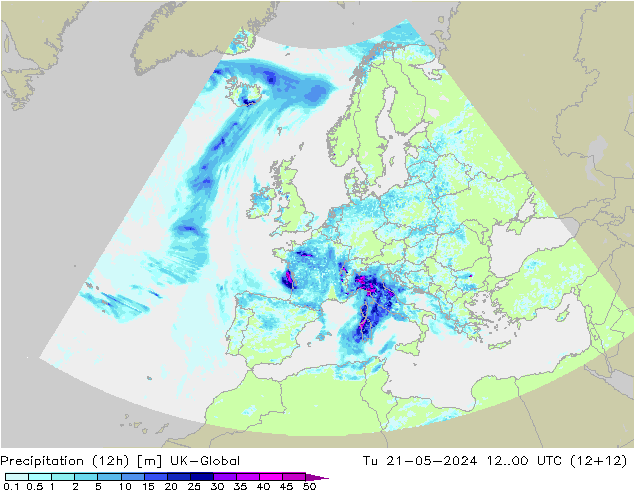 降水量 (12h) UK-Global 星期二 21.05.2024 00 UTC