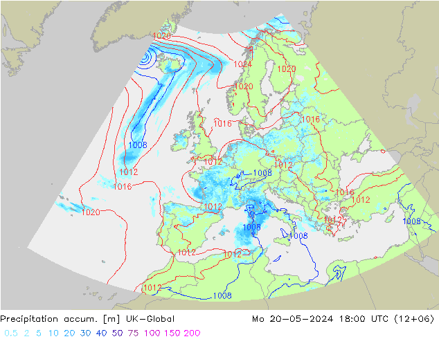 Precipitation accum. UK-Global 星期一 20.05.2024 18 UTC