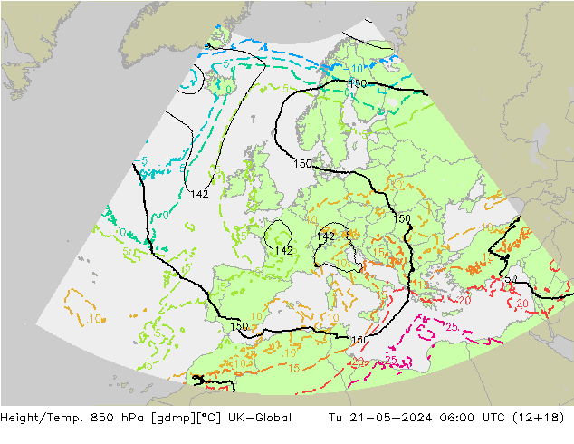 Height/Temp. 850 гПа UK-Global вт 21.05.2024 06 UTC