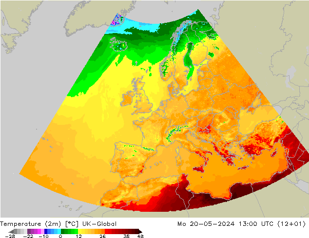 mapa temperatury (2m) UK-Global pon. 20.05.2024 13 UTC