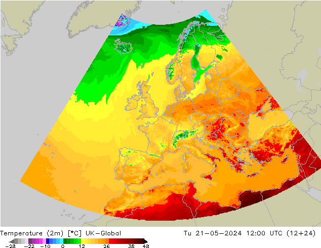 Temperature (2m) UK-Global Tu 21.05.2024 12 UTC