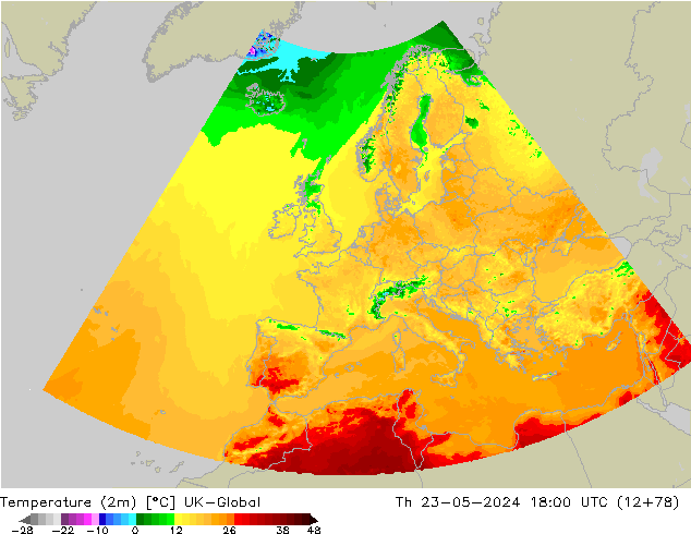 Temperatuurkaart (2m) UK-Global do 23.05.2024 18 UTC