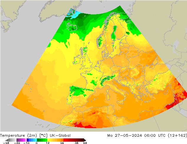 Temperature (2m) UK-Global Mo 27.05.2024 06 UTC