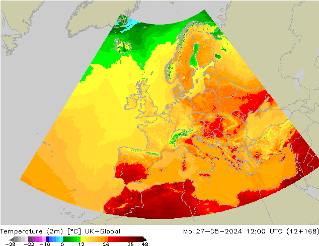 Temperaturkarte (2m) UK-Global Mo 27.05.2024 12 UTC