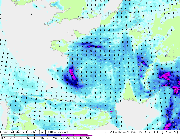 Precipitation (12h) UK-Global Tu 21.05.2024 00 UTC