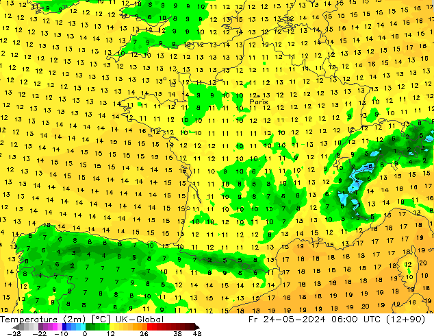 Temperaturkarte (2m) UK-Global Fr 24.05.2024 06 UTC