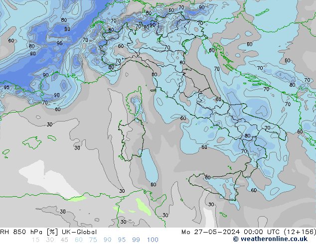 Humidité rel. 850 hPa UK-Global lun 27.05.2024 00 UTC