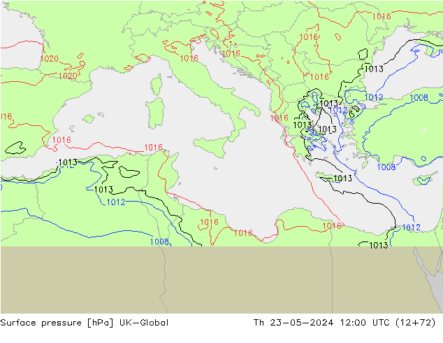 Presión superficial UK-Global jue 23.05.2024 12 UTC