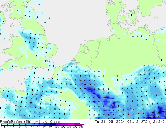 Totale neerslag (6h) UK-Global di 21.05.2024 12 UTC