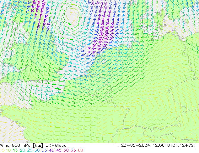 Wind 850 hPa UK-Global do 23.05.2024 12 UTC