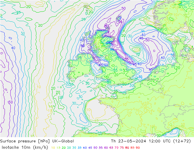Isotachs (kph) UK-Global Qui 23.05.2024 12 UTC