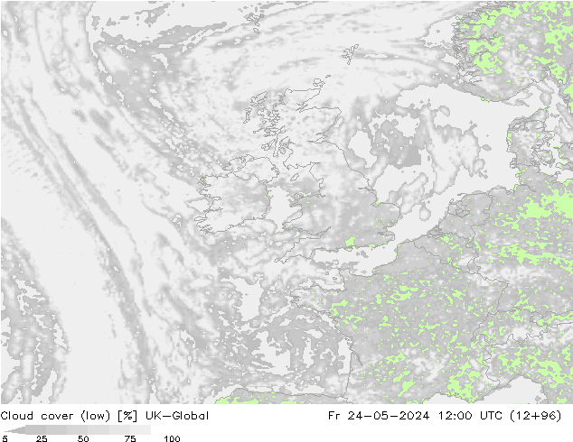Cloud cover (low) UK-Global Fr 24.05.2024 12 UTC