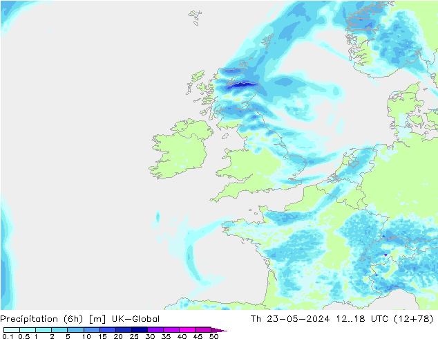 Precipitação (6h) UK-Global Qui 23.05.2024 18 UTC