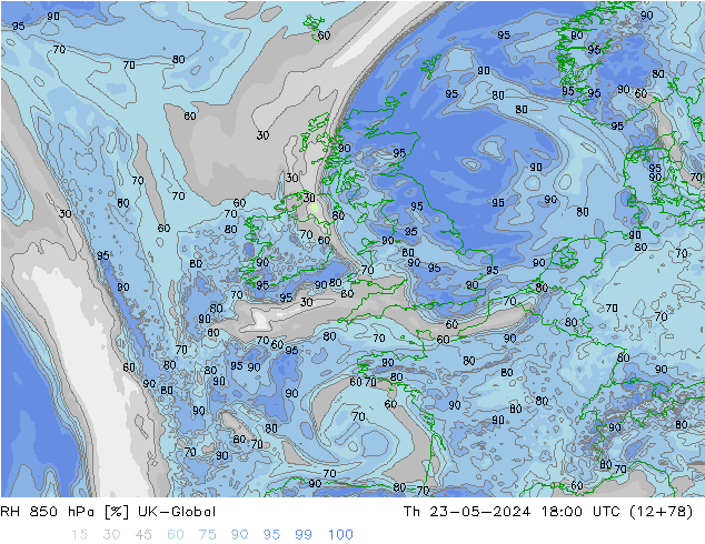 RH 850 hPa UK-Global czw. 23.05.2024 18 UTC