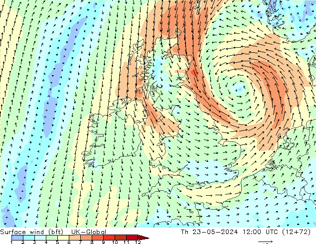 Surface wind (bft) UK-Global Th 23.05.2024 12 UTC