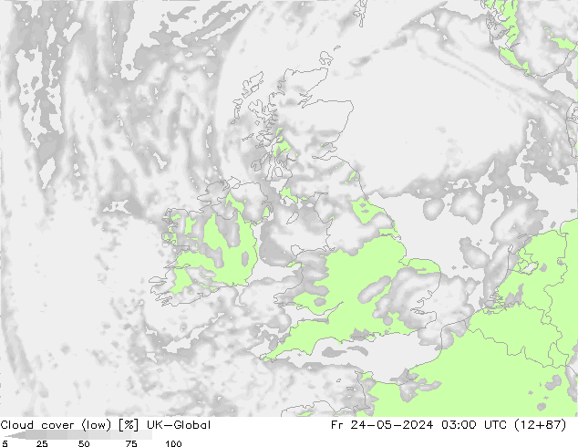 Cloud cover (low) UK-Global Fr 24.05.2024 03 UTC
