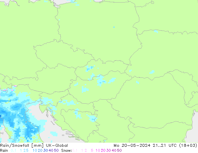 Rain/Snowfall UK-Global pon. 20.05.2024 21 UTC