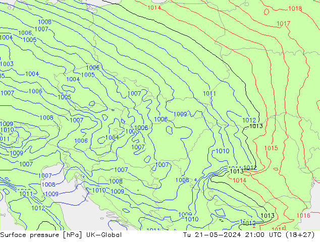 Surface pressure UK-Global Tu 21.05.2024 21 UTC