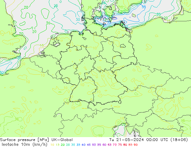 10米等风速线 (kph) UK-Global 星期二 21.05.2024 00 UTC