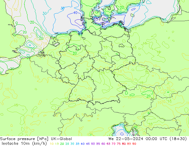Isotaca (kph) UK-Global mié 22.05.2024 00 UTC