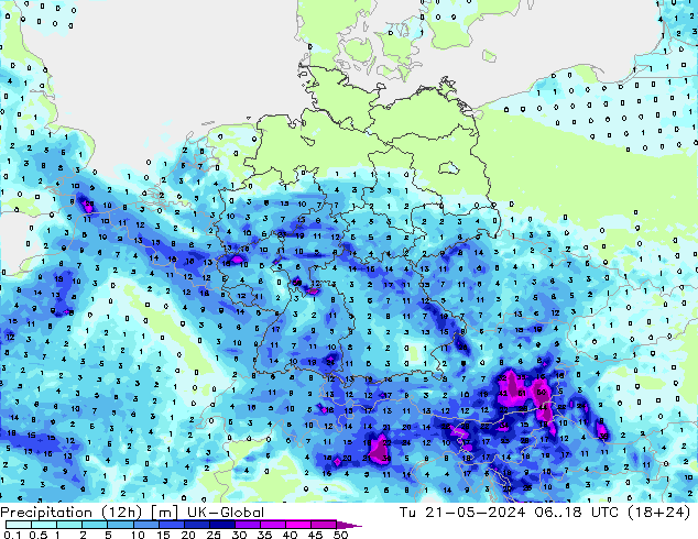Precipitation (12h) UK-Global Út 21.05.2024 18 UTC
