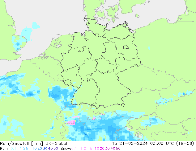 Rain/Snowfall UK-Global Tu 21.05.2024 00 UTC