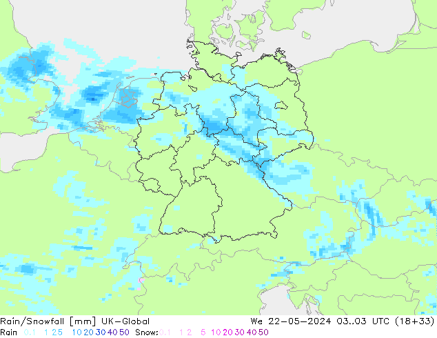 Rain/Snowfall UK-Global mer 22.05.2024 03 UTC