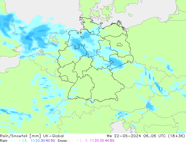 Rain/Snowfall UK-Global Çar 22.05.2024 06 UTC
