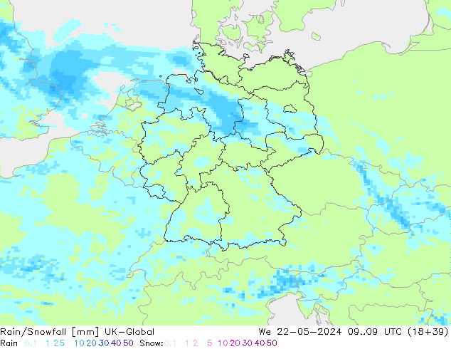 Rain/Snowfall UK-Global mer 22.05.2024 09 UTC