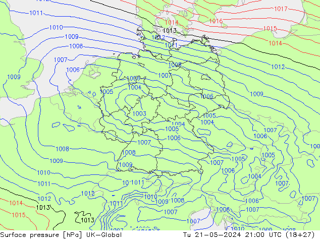 Surface pressure UK-Global Tu 21.05.2024 21 UTC
