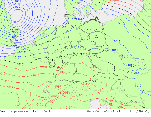 Pressione al suolo UK-Global mer 22.05.2024 21 UTC